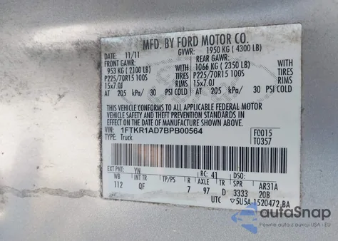 2011 Ford Ranger Xl z USA, uszkodzony, nr VIN 1FTKR1AD7BPB00564